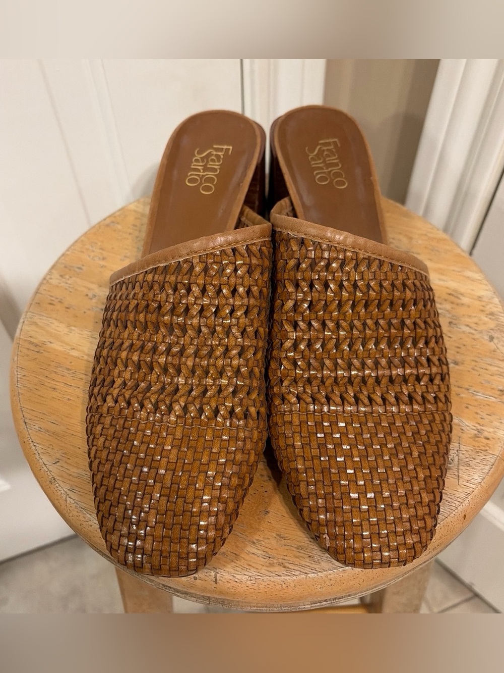 Franco Sarto Nalla Brown Woven Leather Block Heel Mules